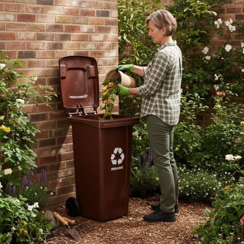 Kosz na śmieci pojemnik 120L kubeł śmietnik brązowy BIO gumowe koła