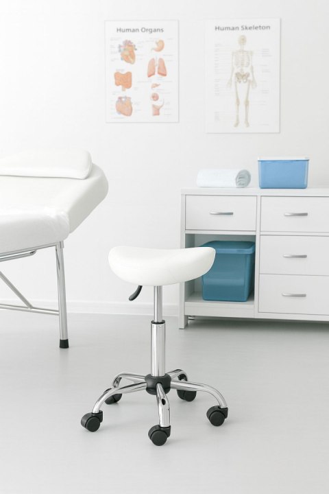 Stołek obrotowy siodło taboret kosmetyczny medyczny fotel regulowany biały ModernHome
