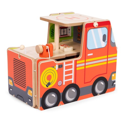 Drewniany garaż zestaw straży pożarnej 2w1 - remiza i wóz 2 piętra figurki pojazdy ECOTOYS