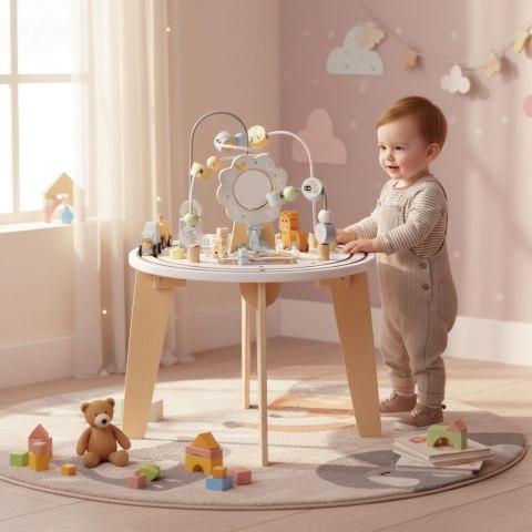 Drewniany stolik edukacyjny interaktywny dla dzieci 5w1 labirynt mula kolejka lusterko ECOTOYS