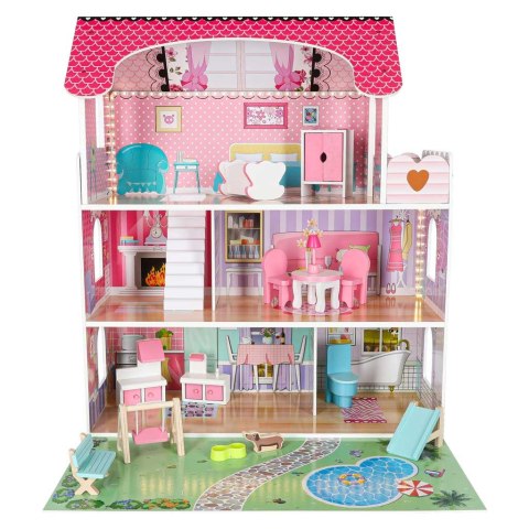 Domek dla lalek drewniany Lulilo Gardeno z ogródkiem mebelki 70cm różowy LED