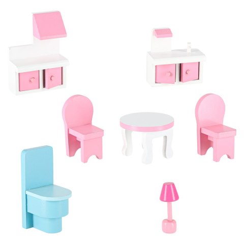 Domek dla lalek drewniany Lulilo Gardeno z ogródkiem mebelki 70cm różowy LED