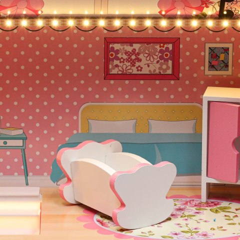 Domek dla lalek drewniany Lulilo Gardeno z ogródkiem mebelki 70cm różowy LED