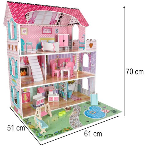 Domek dla lalek drewniany Lulilo Gardeno z ogródkiem mebelki 70cm różowy LED