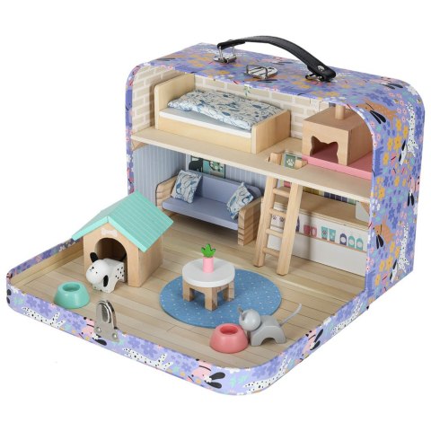 Domek w walizce hotel spa dla zwierząt drewniane mebelki figurki