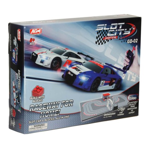 Tor wyścigowy samochodowy elektryczny policyjny 2 auta autka kontrolery zakręty klocki konstrukcyjne GD-02