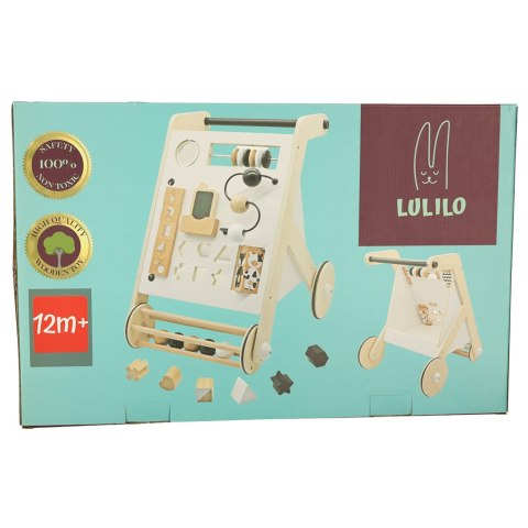 Pchacz dla dziecka chodzik drewniany tablica manipulacyjna sorter