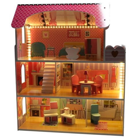 Domek dla lalek drewniany MDF mebelki 70cm różowy LED