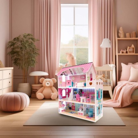 Domek dla lalek drewniany MDF mebelki 70cm różowy LED