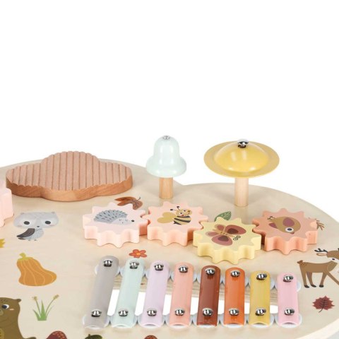 Stolik edukacyjny drewniany tablica muzyczna cymbałki talerze