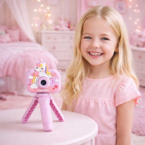 Aparat fotograficzny cyfrowy dla dzieci na statywie jednorożec fioletowy
